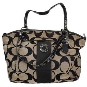 Coach Signature Stripe Canvas Leather Trim Crossbody Handbag